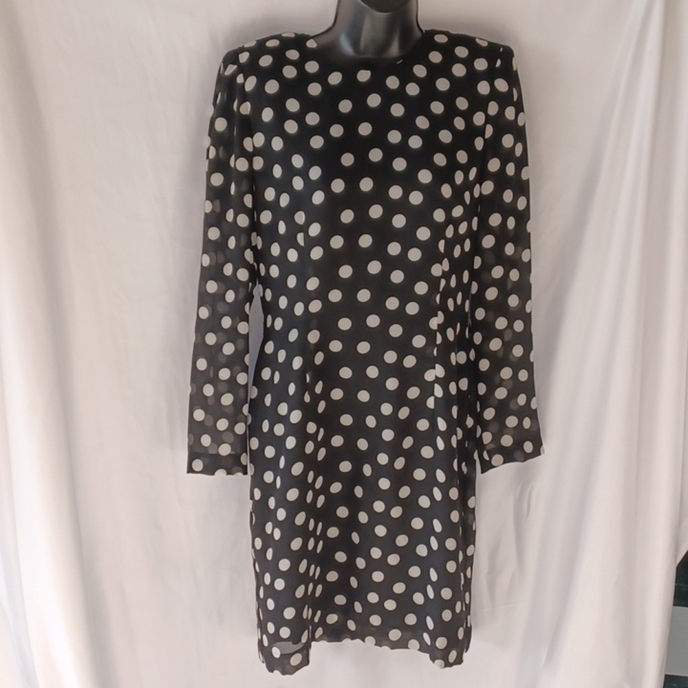 Vtg Dennis Goldsmith Black/white polkadot 80's Dress, open back, lined